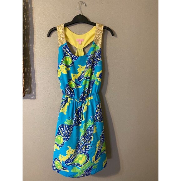 Lilly Pulitzer Dress Blue Yellow Gold Green S Small Summer Resort Cruise - Picture 8 of 8